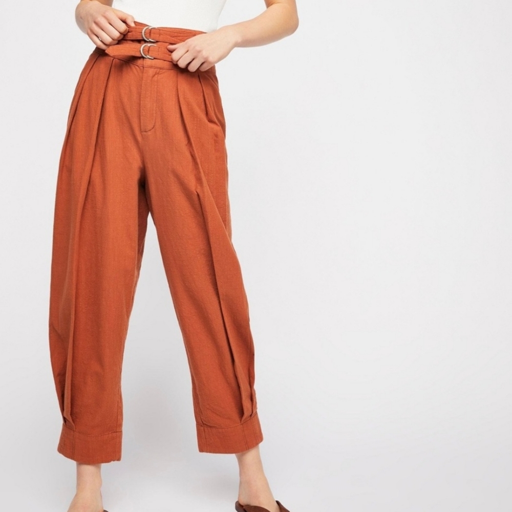 FREE PEOPLE Double Buckle Trouser WideLeg Tapered Orange Brown Pants